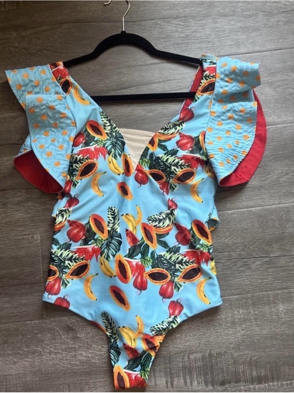 Kona Sol Sky Blue Tropical Fruit One-Piece Swimsuit with Ruffle Sleeves